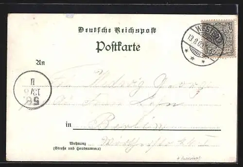 Lithographie Berlin-Westend, Gasthaus Hoffmann`s Volksgarten, Festsaal und Wirtschaftsgarten