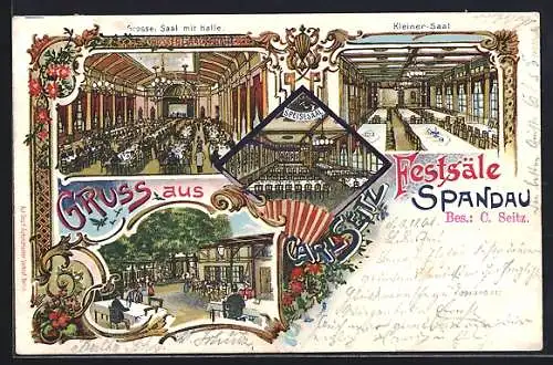 Lithographie Berlin-Spandau, Die Festsäle Spandau v. C. Seitz, Innenansichten