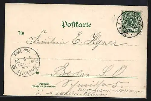 Lithographie Berlin-Grünau, Schwimmendes Gasthaus Brigg Maria, Restaurant im Zwischendeck, Sportdenkmal