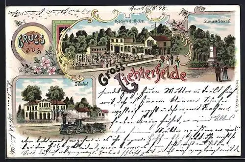 Lithographie Berlin-Gross-Lichterfelde, Restaurant Richter, Bismarck-Denkmal, Bahnhof