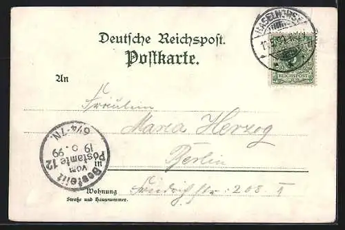 Lithographie Berlin-Haselhorst, Gasthaus Barthels Waldschlössechen mit Strasse und Garten