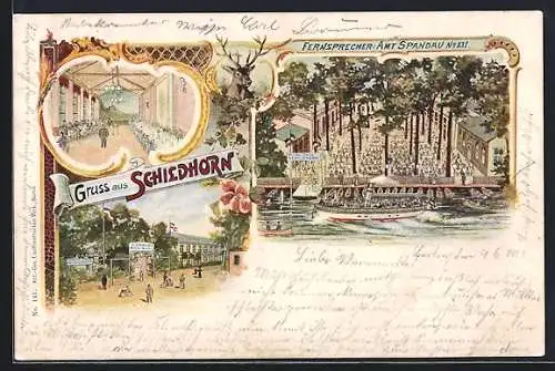 Lithographie Berlin-Grunewald, Wirtshaus Schildhorn mit Dampfer