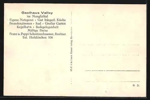 AK Holzkirchen / bayer. Hochland, Gasthaus Valley im Mangfalltal, Bes. Franz und Peppi Schnitzenbaumer