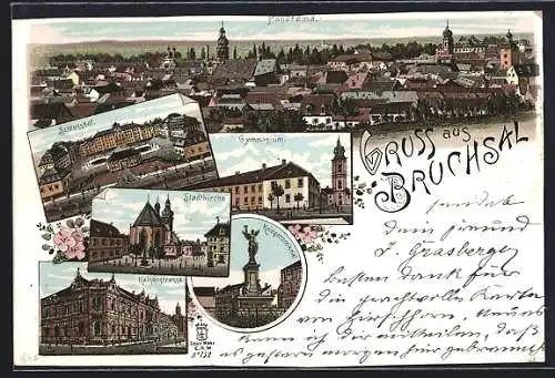 Lithographie Bruchsal, Gymnasium, Schlosshof, Stadtkirche, Kaiserstrasse und Kriegerdenkmal