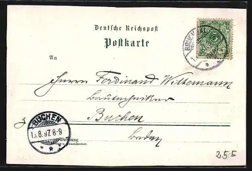 Lithographie Bruchsal, Gymnasium, Schlosshof, Stadtkirche, Kaiserstrasse und Kriegerdenkmal