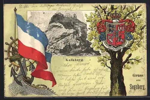 Passepartout-Lithographie Segeberg, Kalkberg im Passepartout mit Fahne, Wappen und Anker