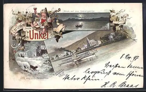 Künstler-AK Unkel, Weg zum Försterhaus, Blick auf das Siebengebirge, Kind mit Weinflasche