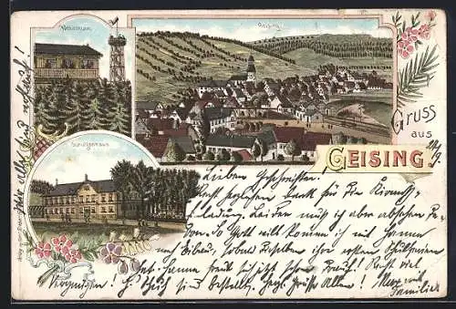 Lithographie Geising, Gasthof Schützenhaus, Wetlinthurm und Totalansicht