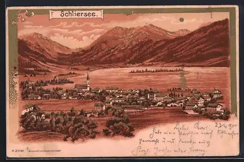 Lithographie Schliersee, Panorama mit Kirche