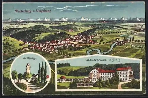Künstler-AK Eugen Felle: Wartenberg, Sanatorium, Rocklfing und Totalansicht