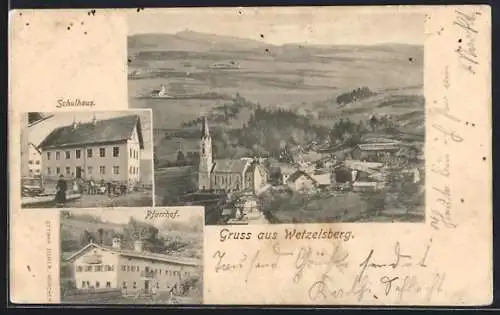 AK Wetzelsberg, Schulhaus, Pfarrhof und Totalansicht