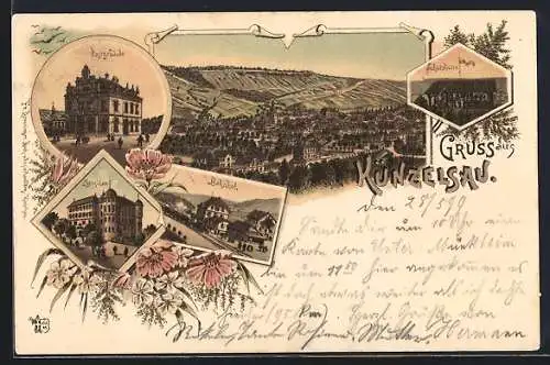 Lithographie Künzelsau, Bahnhof mit Dampflok, Schützenhütte am frühen Abend, Postgebäude