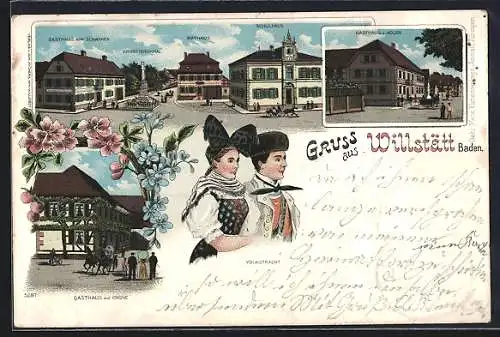 Lithographie Willstätt, Gasthaus zum Schwanen, Gasthaus zur Krone, Gasthaus zum Adler