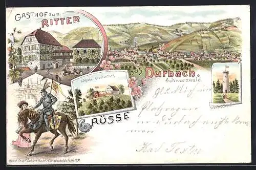 Lithographie Durbach /Schwarzwald, Gasthof zum Ritter, Schloss Staufenberg, Brandeckturm und Totalansicht