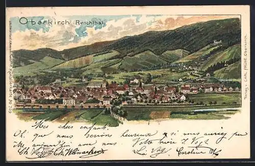 Lithographie Oberkirch i. Renchthal, Ortsansicht aus der Vogelschau