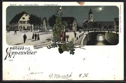 Lithographie Appenweier, Gasthaus zum schwarzen Adler und Kriegerdenkmal