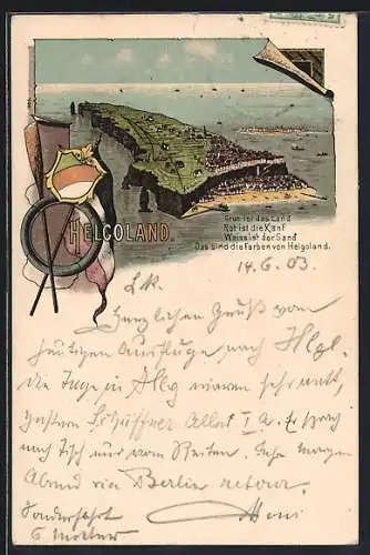 Lithographie Helgoland, Gesamtansicht der Insel, Wappen und Reichsflagge