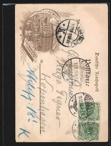 Lithographie Berlin, Hotel Kronprinz, Speisesaal, Luisenstrasse 30, Aussenansicht rückseitig