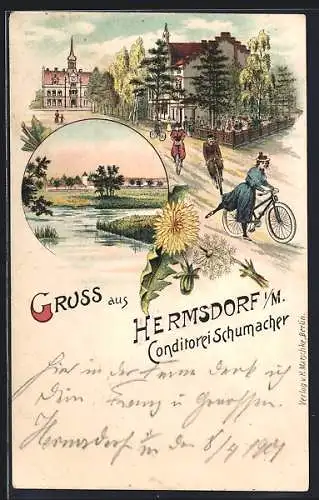 Lithographie Hermsdorf i. M., Conditorei Schumacher, Radfahrer