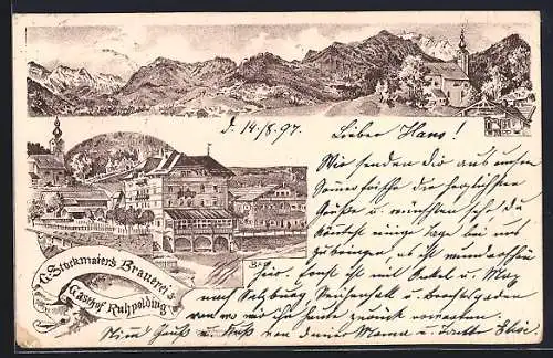 Lithographie Ruhpolding, G. Storkmaiers Brauerei & Gasthof, Ortspartie