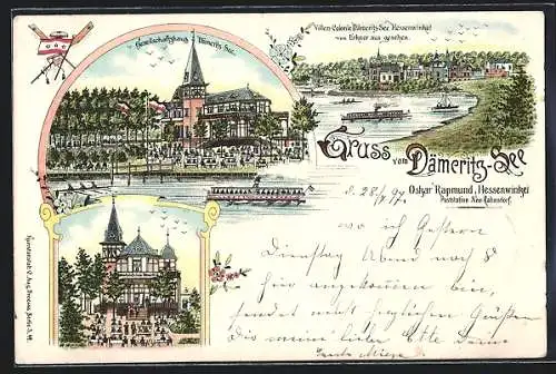 Lithographie Berlin-Hessenwinkel /Köpenick, Gasthaus Dämeritz-See, Villen-Colonie von Erkner aus gesehen