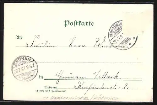 Lithographie Berlin-Hessenwinkel /Köpenick, Gasthaus Dämeritz-See, Villen-Colonie von Erkner aus gesehen