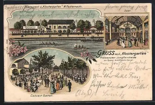 Lithographie Berlin-Charlottenburg, Restaurant zum Klostergarten, Innenansicht Saal, Concert-Garten