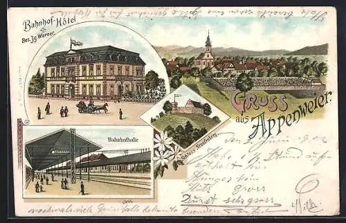 Lithographie Appenweier, Bahnhofhalle, Bahnhof-Hotel, Schloss Staufenberg