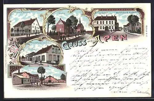Lithographie Apen, Hinrich`s Gasthof, Geschäft von A. G. Orth und Bremer Gasthof, Kirche, Fleischwarenfabrik J. G. Siems
