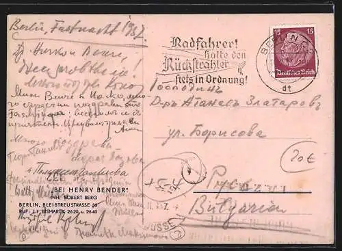 AK Berlin-Charlottenburg, Restaurant Bei Henry Bender, Inh. Robert Berg, Bleibtreustrasse 35