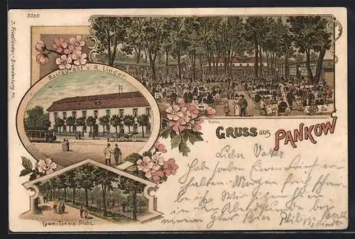 Lithographie Berlin-Pankow, Restaurant von R. Linder mit Lawn-Tennis-Platz