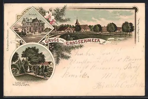 Lithographie Grossenmeer, Scheeljes Gasthof mit Garten, Bahnhof und Ortspartie