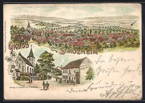 Lithographie Simozheim, Geschäft von Ludwig Linkenheil, Totalansicht