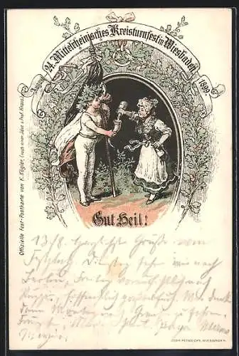 AK Wiesbaden, 24. Mittelrheinisches Kreisturnfest 1899, Dame giesst Sejt ins Horn