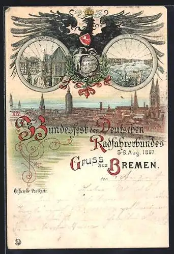 Lithographie Bremen, Bundesfest des Deutschen Radfahrerbundes 1897, Teilansicht, Marktplatz, Freihafen