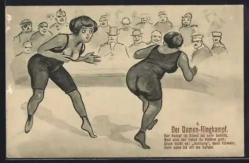 AK Zwei Damen beim Ringkampf, Emanzipation