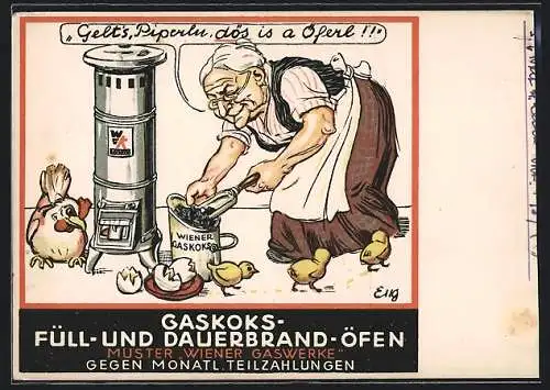 AK Reklame für Wiener Gaskoks, Alte Frau am Ofen, Gaskoks für Füll- und Dauerbrand-Öfen