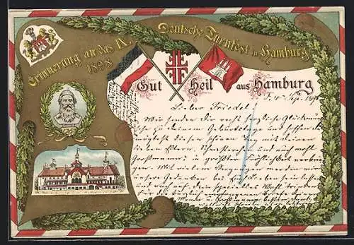 AK Hamburg, IX. Deutsche Turnfest 1898, Festhalle, Turnvater Jahn