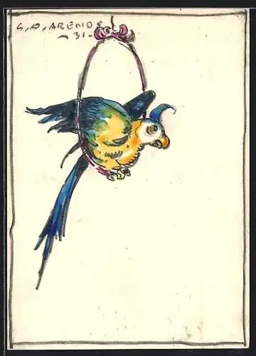 Künstler-AK Handgemalt sign. Carl O. Arends: Blau-gelber Papagei sitzt in einem Reifen