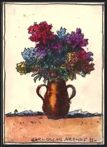 Künstler-AK Handgemalt sign. Carl O. Arends: Bunter Blumenstrauss in einem braunen Krug