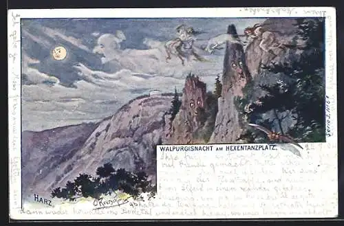 AK Schwenke Ser. 3 Nr. 6: Walpurgisnacht am Hexentanzplatz, Berggesichter