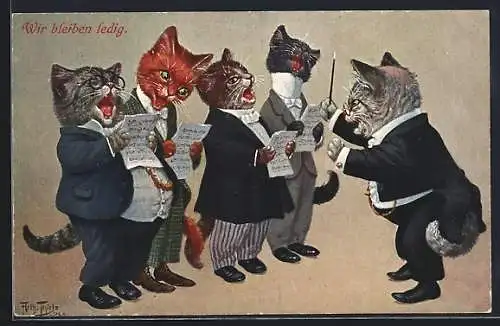 Künstler-AK Arthur Thiele: Katzenschor mit Drigent