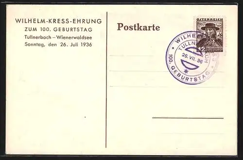 AK Tullnerbach, Wilhelm-Kress Ehrung 1936, Drachenflieger Wilhelm Kress am Ufer des Wienerwaldsees