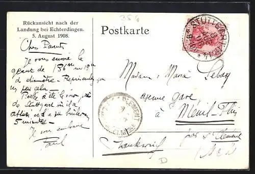 AK Echterdingen, Rückansicht nach der Landung von Graf Zeppelin am 5. August 1908