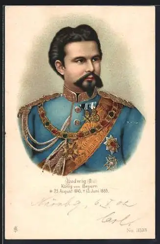 Künstler-AK König Ludwig II. von Bayern in Uniform mit Orden