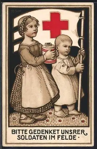 Künstler-AK Nürnberg, Kinder mit Fahne und Spendenbüchse, Rotes Kreuz-Sammlung