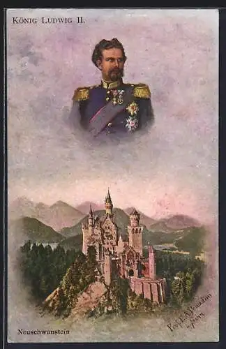 Künstler-AK Ermenegildo Antonio Donadini: Neuschwanstein, Porträt König Ludwig II., Blick zum Schloss