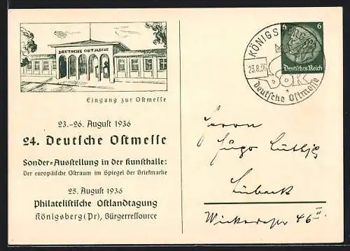 AK Königsberg, 24. Deutsche Ostmesse 1936, Eingang, Ganzsache