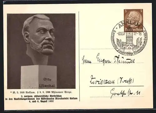 AK Anklam, 2. vorpom. philatelistische Werbeschau 1937, Büste von Otto Lilienthal, Ganzsache