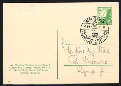 AK Berlin-Neukölln, III. Postwertzeichen-Ausstellung anlässl. der Olymp. Festspiele 1936, Ganzsache